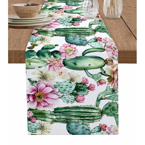 Pink Succulent Table Runner 48 Inches, Green Cactus Pastoral Watercolor Bed Runner Dresser Scarves Tabletop for Indoor Outdoor Parties/Ceremony/Banquet, 13" x 48"