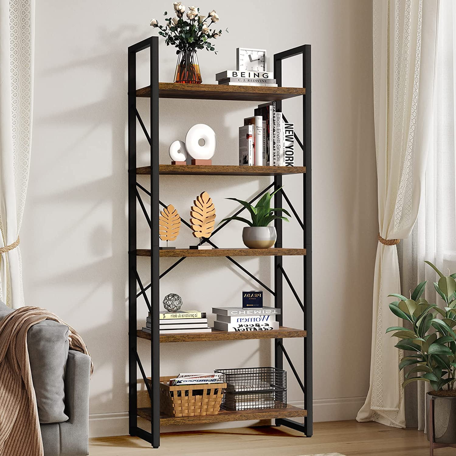 Dextrus 5 Tiers Ladder Bookshelf, 62 inch Classically Modern Bookshelf,Storage Rack Shelves in Living Room/Home/Office,Rustic Brown