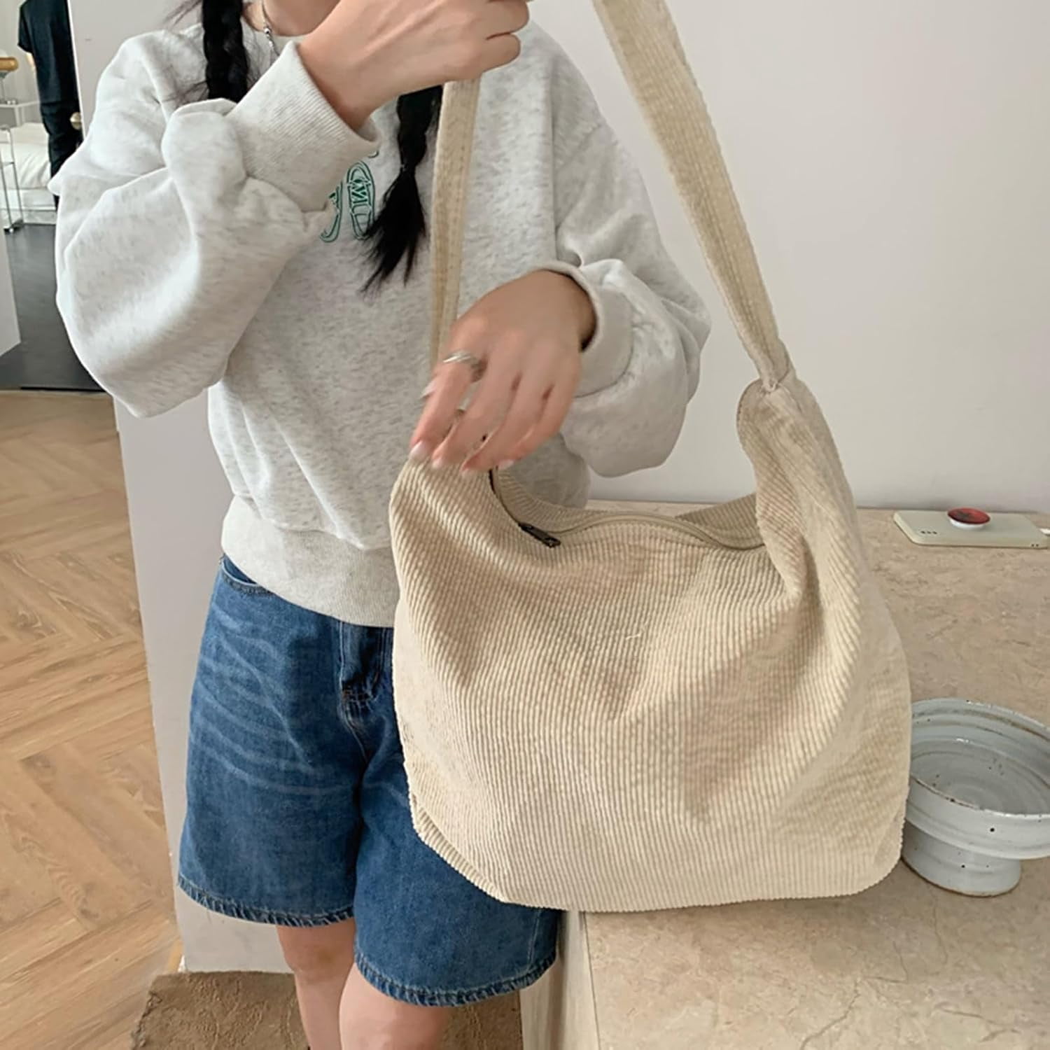 Kwuty Corduroy Tote Bag for Women Girl Canvas Shoulder Handbags Cute Large Purse