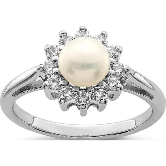 Sterling Silver Rhodium Plated Cz And Fw Cultured Pearl Ring (Size 6) Made In India qr4488-6