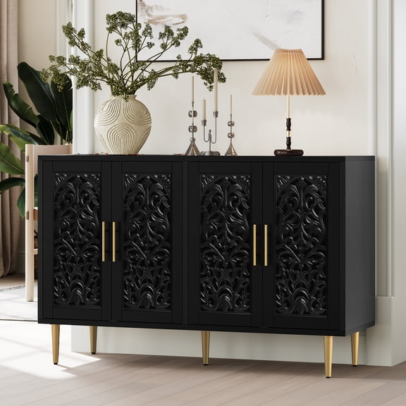 CBJCBJ 48 Retro Storage Cabinet with 4 Doors, Hollow Carved Buffet Hutch for Living Room, Kitchen, Dining & Entryway, Vintage Decorative Organizer (Black)
