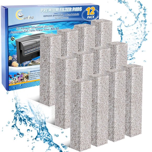 shiyou-12PCS Ammonia Reducer Filter Pads Compatible with Aqueon Quietflow 30 & 50, Sponge Filters for Aqueon Replacement Filter Cartridges Large, LED PRO Aquarium Fish Tank Power Filter