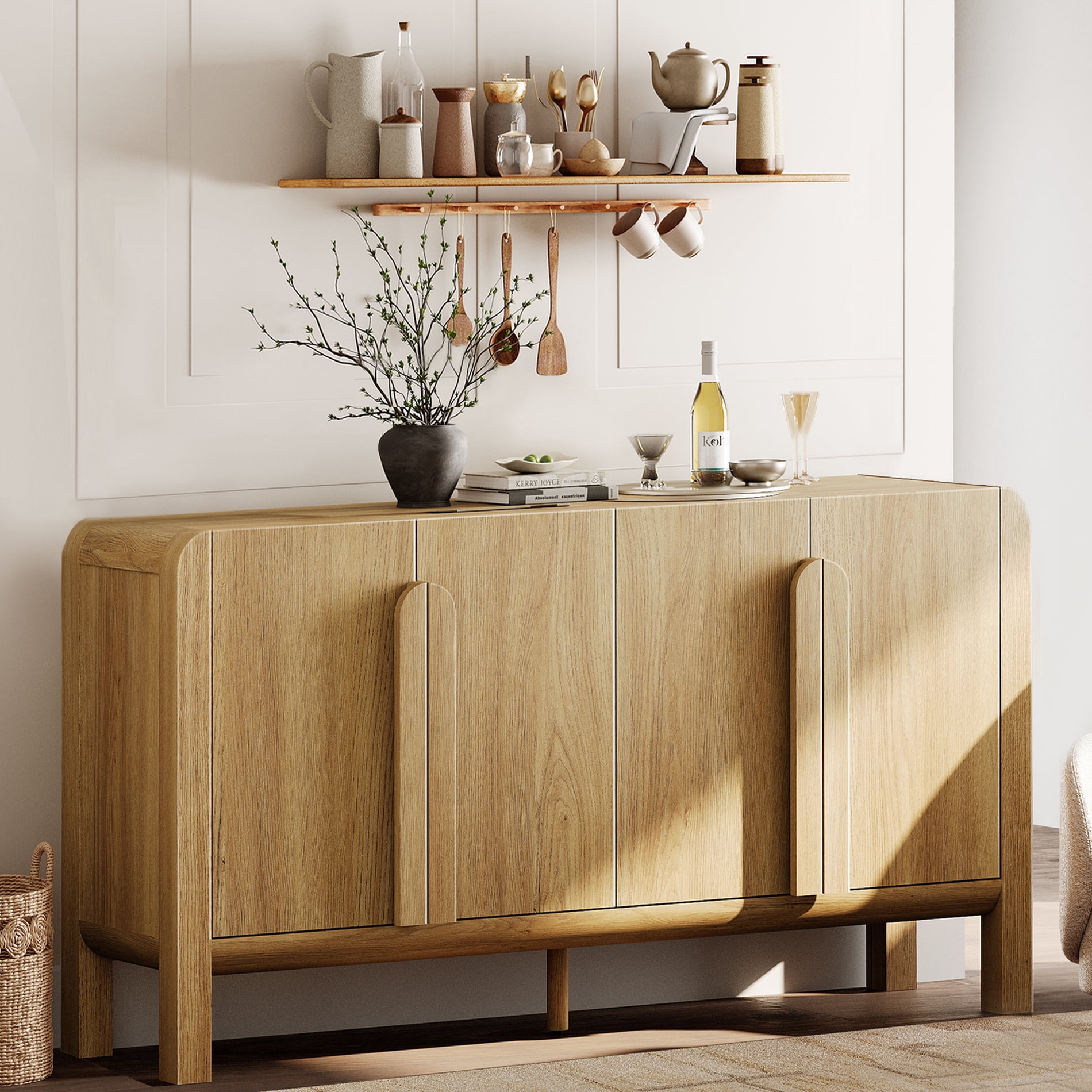 Mid-century 63" Wood Sideboard Buffet Cabinet with Storage, Modern Credenza with Doors and Adjustable Shelves for Kitchen Living Room, Dining Room