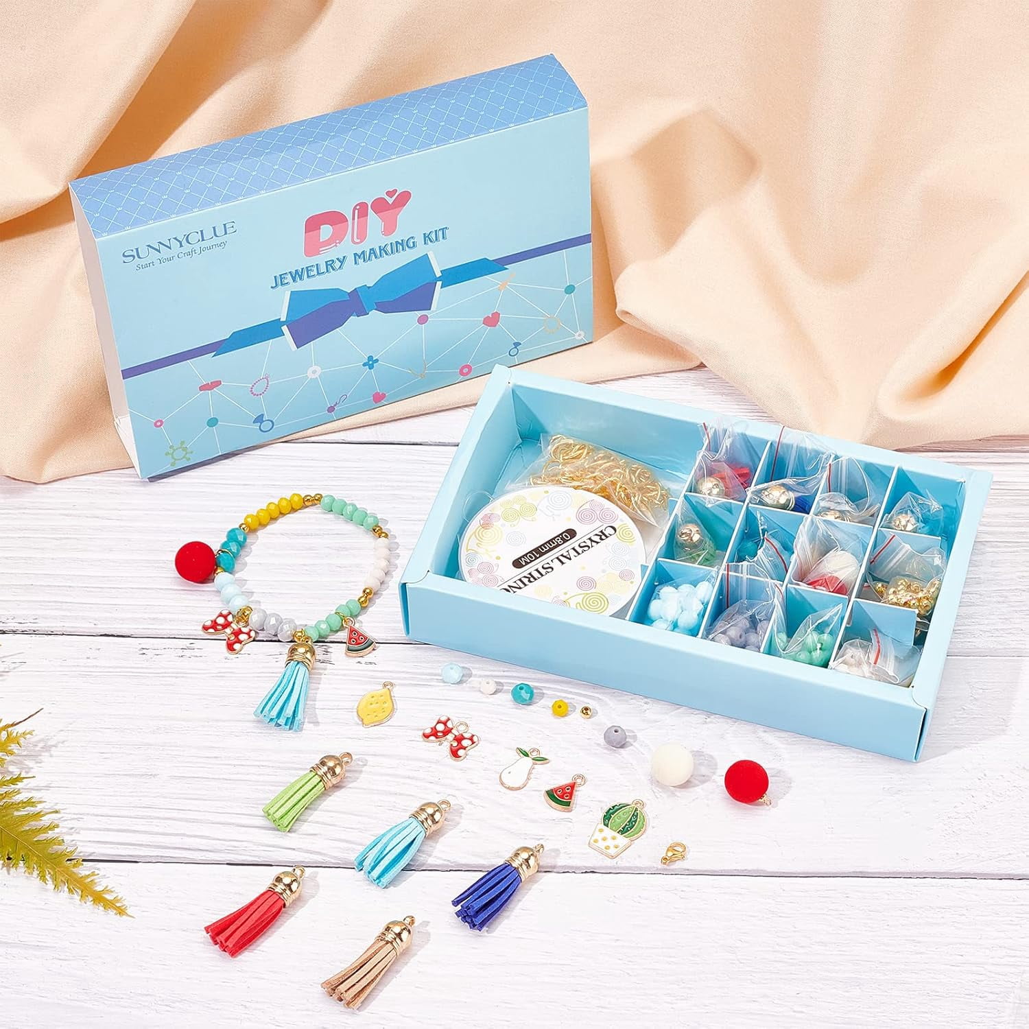 1 Box Enamel Fruit Charms Faceted Glass Beads Bulk Cable Chain Beading Bracelet Making Kit Rondelle Glass Bead Suede Tassels for Jewelry Making Elastic Thread Necklace Supplies Beginners Multi-color
