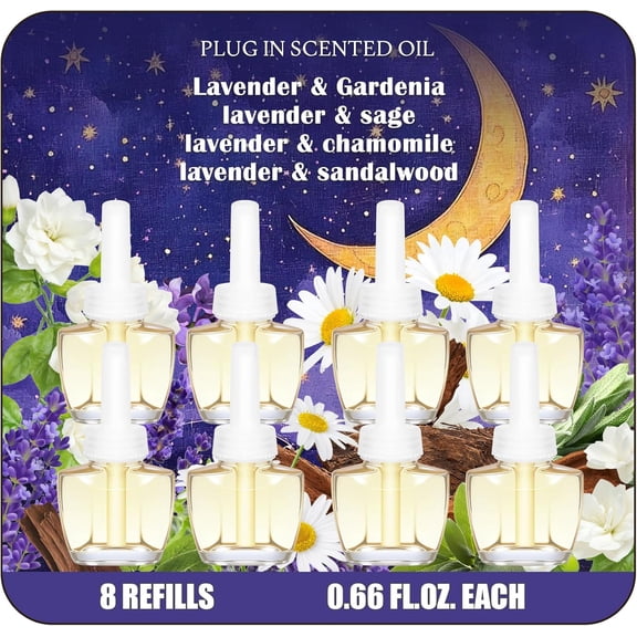 Plug-In Air Freshener Refills 8-Pack – Nighttime Collection Infused Lavender Essential Oil with Gardenia, Sage, Chamomile, Sandalwood, Compatible with Air Wick & Glade, Not Include Glade Plus