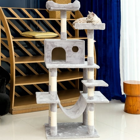 2019 Newest Upgrade Cat Tree, Multi-Level Cat Activity Tree Tower Luxury Condos with Scratching Posts, Slope, Plush Hammock, for Ragdoll, Oriental Cat, American Curl, Bengal Cat, Light Grey,