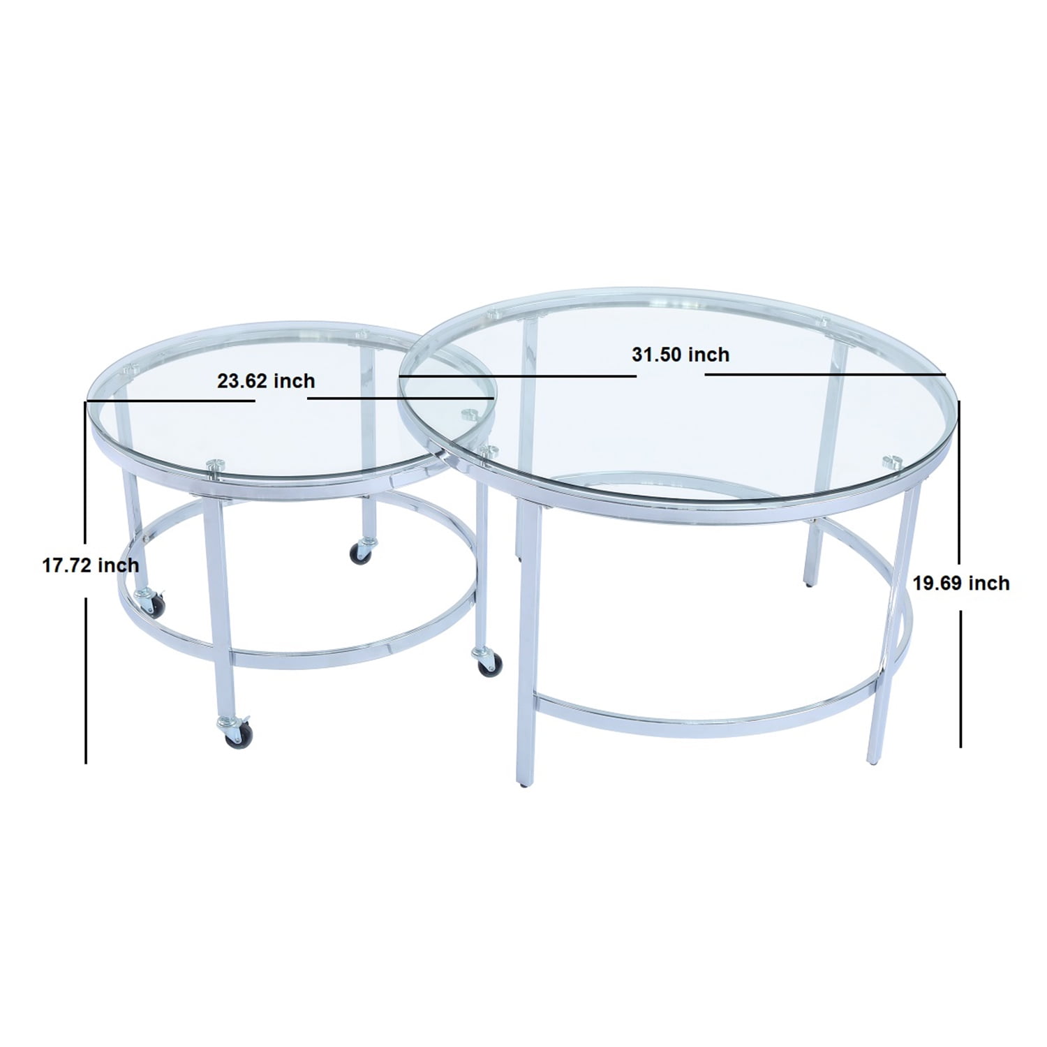 Kadyn Modern 2PCS Nesting Table Set，Transparent Glass End Table with Sliver frame, Iron Glass coffee table for Living Room, Silver