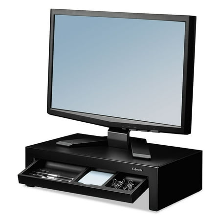 Adjustable Monitor Riser With Storage Tray, 16 X 9 3/8 X 6, Black Pearl