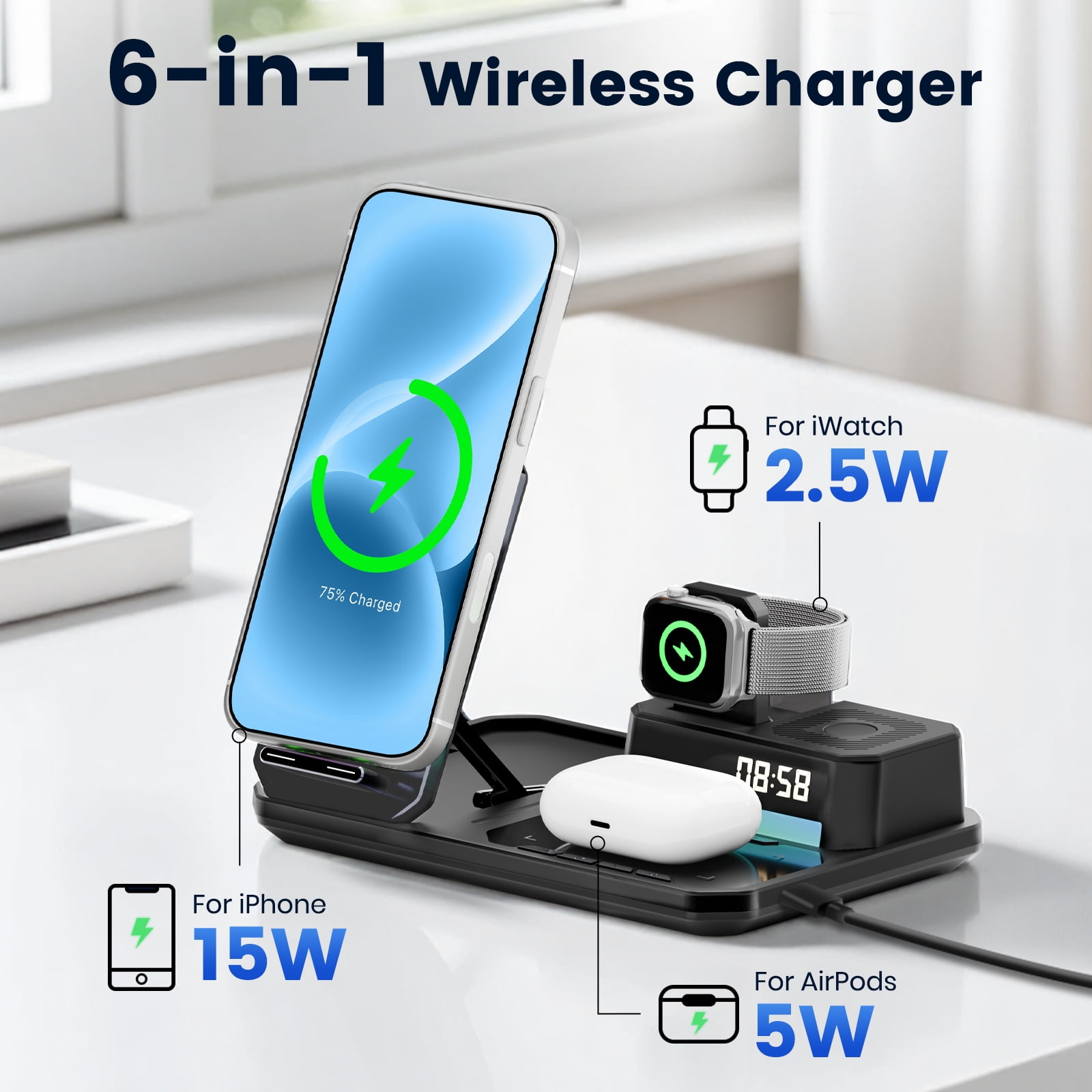 Wireless Charger for iPhone 17 16 15 14 13 12, 6 in 1 Charging Station for iWatch Series, for AirPods 4 3 2, with Clock, Bluetooth, Ambient Light