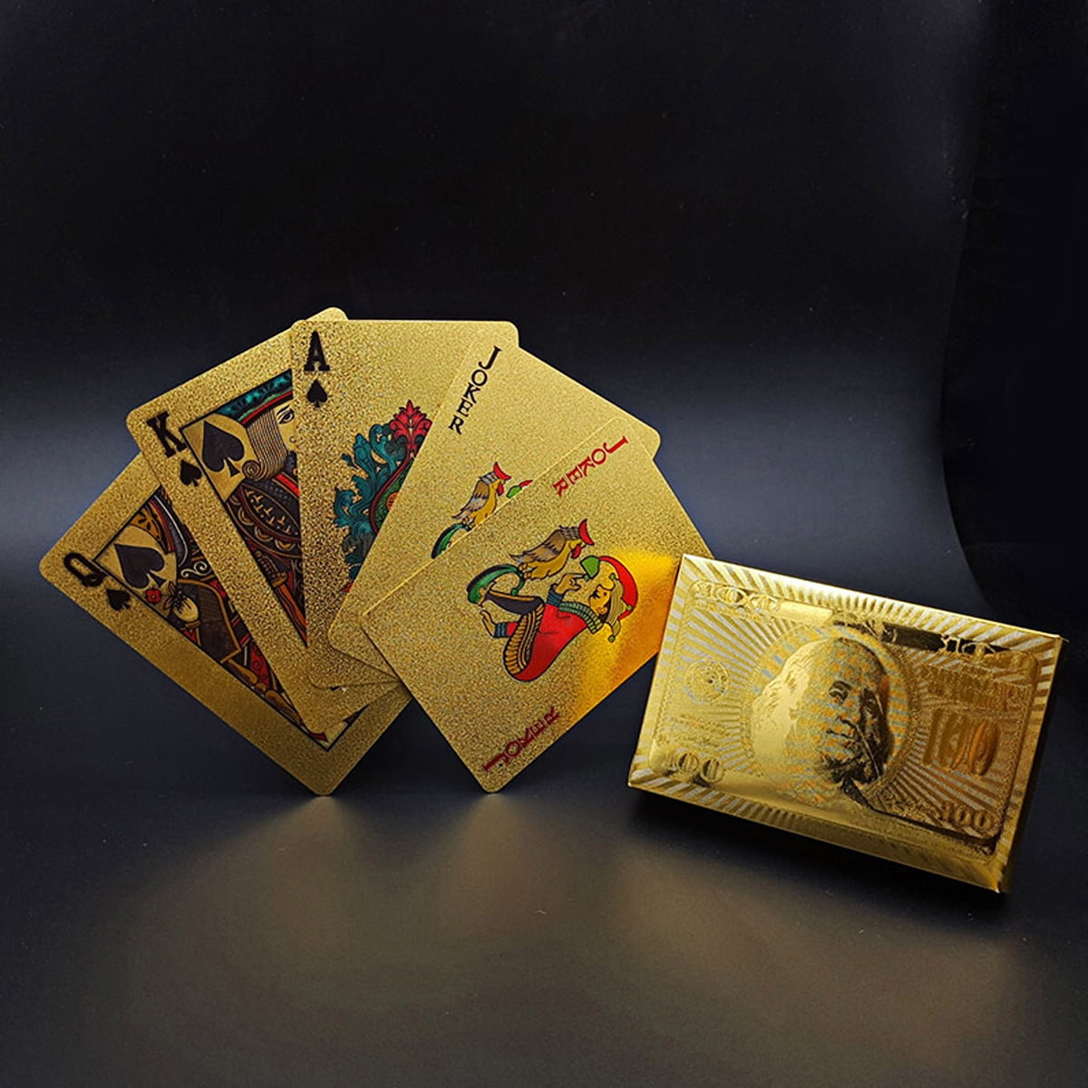 24K Gold Plated Playing Cards Poker Game Deck Wooden Gift Box Dollar & Pound 