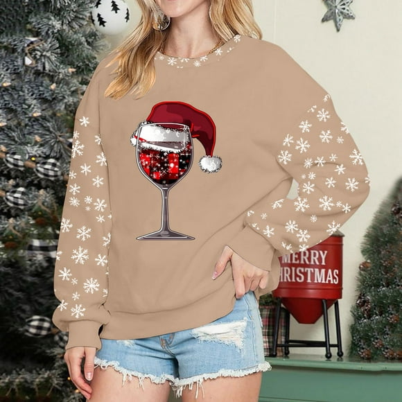 WILLBEST hoodies Christmas Graphic Sweatshirt For Women Round Neck Pullover Crewneck Sweatshirt Festive Print Casual Top destiny hoodie