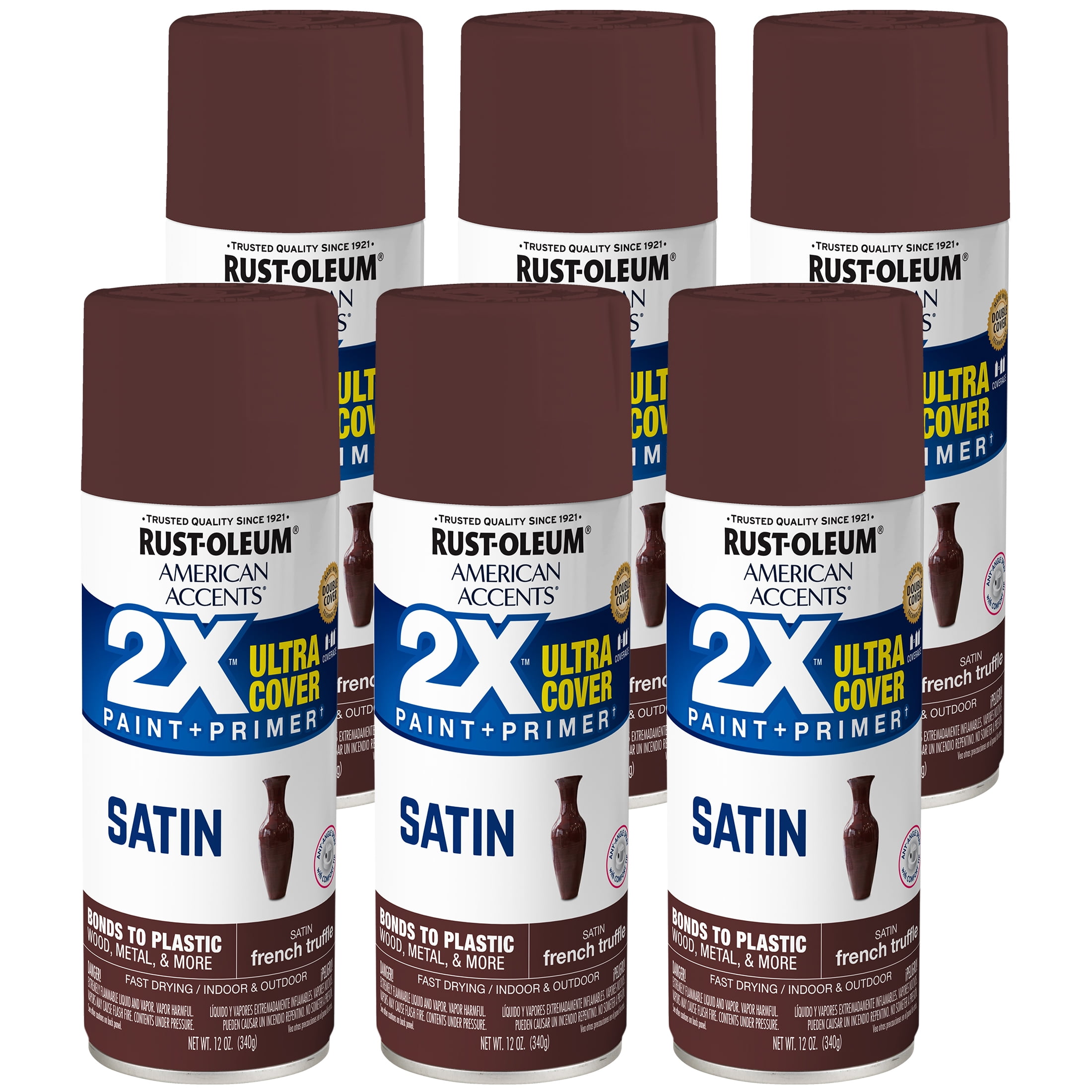 6 Pack, French Truffle, Rust-Oleum American Accents 2X Ultra Cover Satin Spray Paint-393568, 12 oz