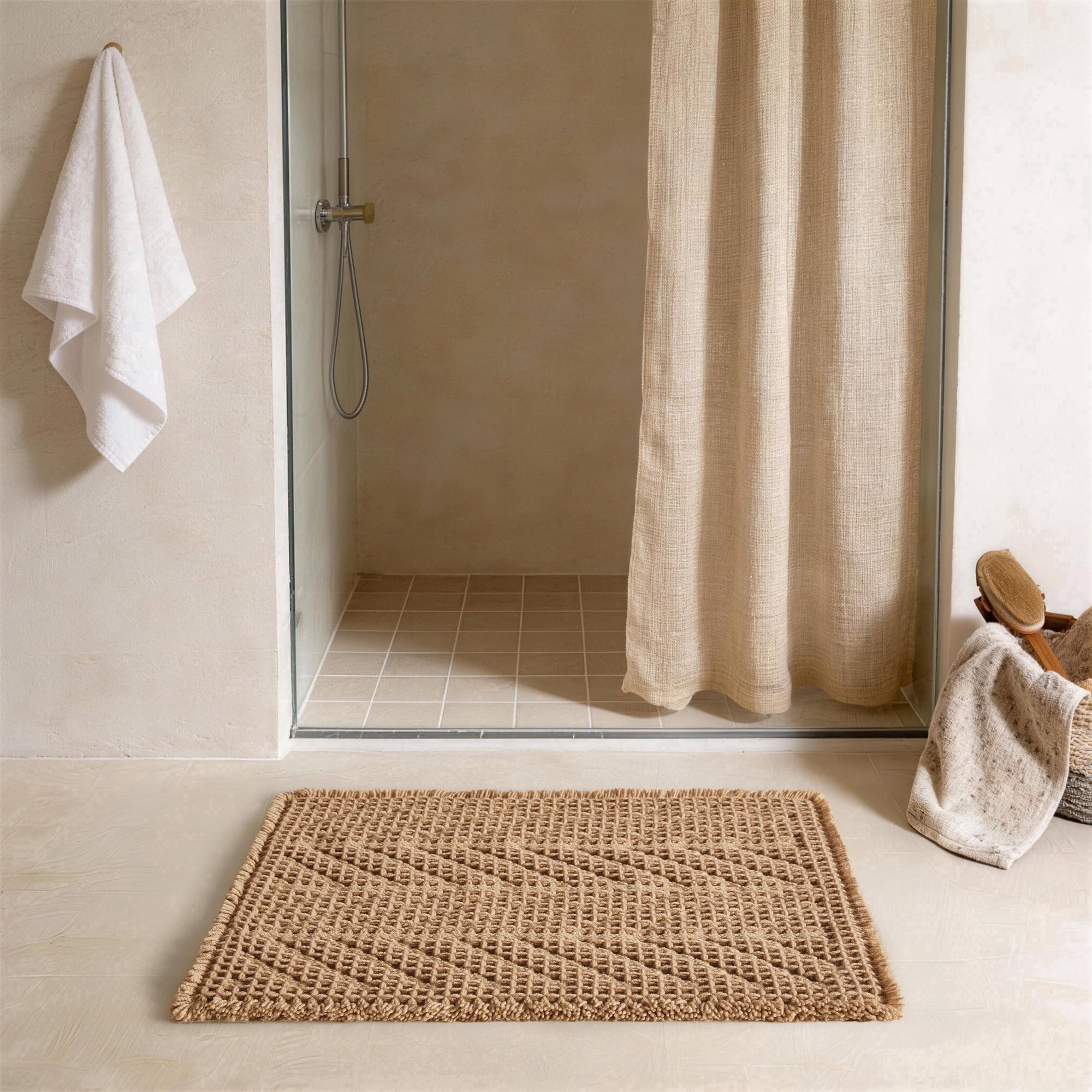 BULULOM Bathroom Rugs，Herringbone Boho Waffle Bath Mat, Non Slip Washable Super Absorbent Quick Dry, Farmhouse Bathroom Decor 20"*30" Khaki