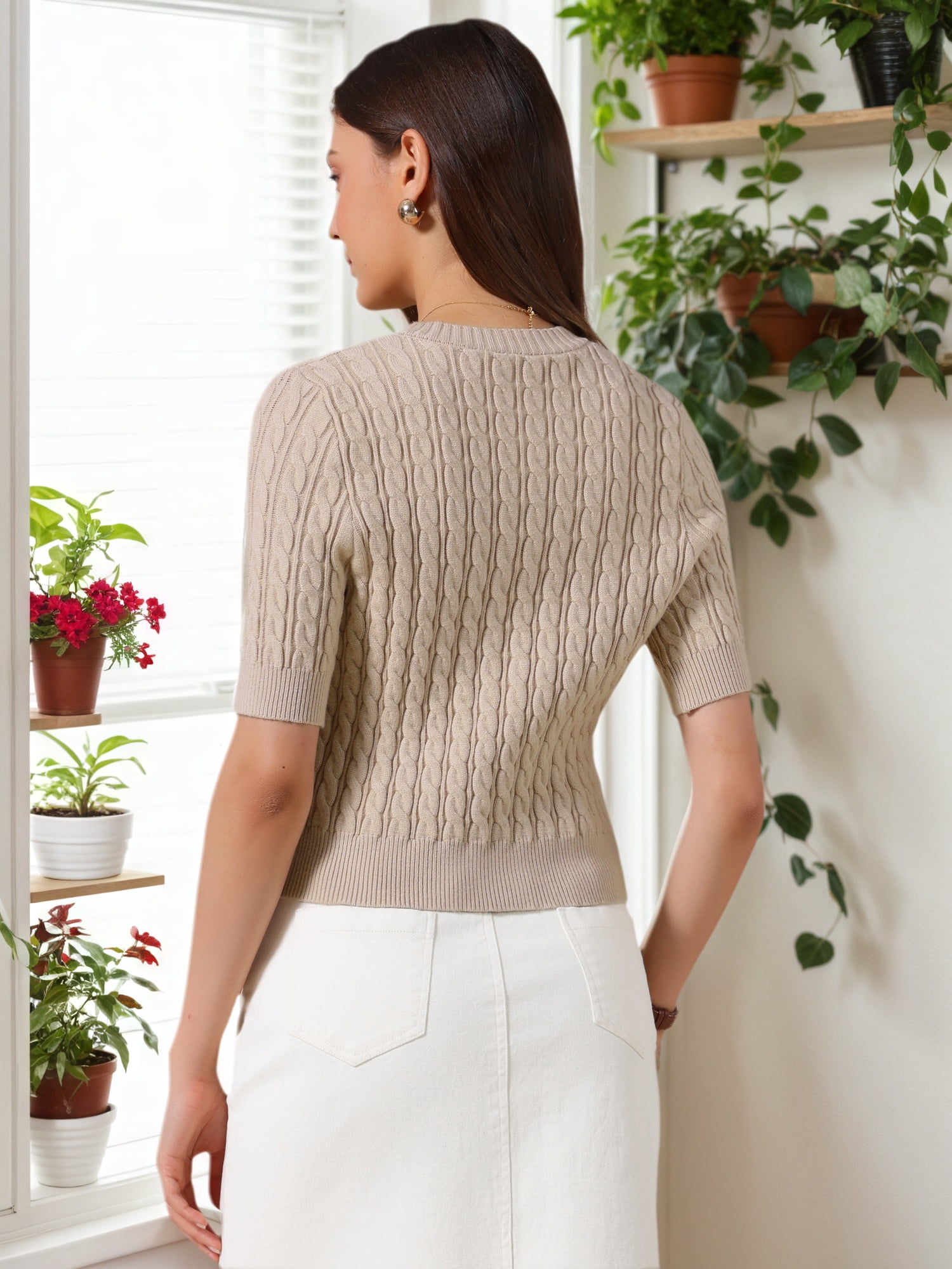 DARING DIVA Women's Short Sleeve Button Down Cable Knit Dressy Sweater XL Khaki