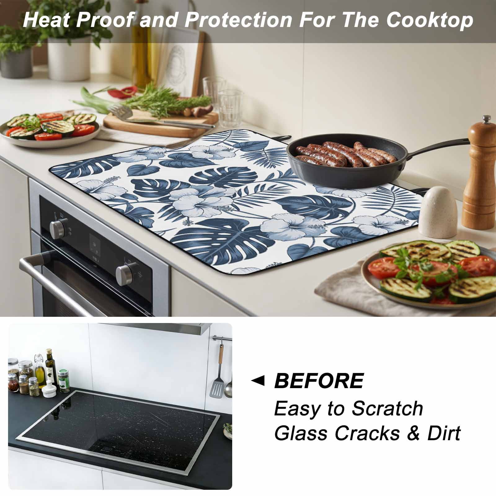 Palm Leaves Stove Top Cover for Electric Stove, Heat-proof & Non Slip Glass Top Stove Cover Protector, Vintage Summer Blue Tropical Flowers Plants Kitchen Flat Cooktop Rubber Mat 24x21 Inches