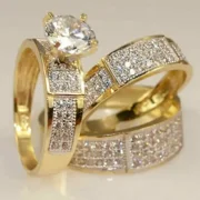 AISHVI JEWELS His Her 3 Ct Round Cut Lab Created Diamond Bridal Engagement Wedding Trio Ring Set 14K Yellow Gold Plated