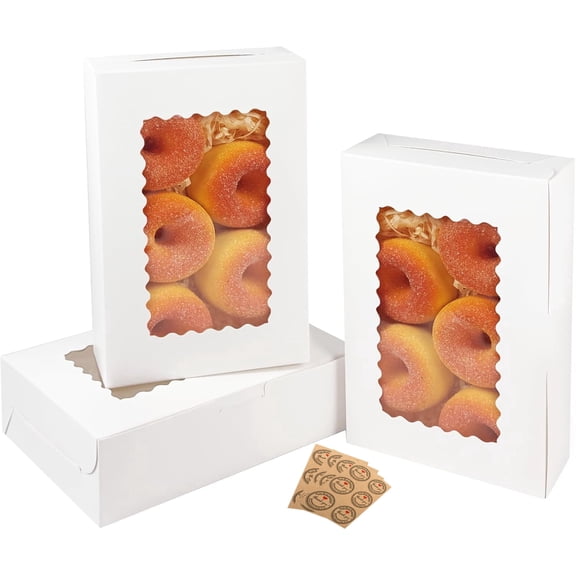 15pcs Cookie Boxes with Window & Stickers, 9x6x2.5 inch White Bakery Boxes Dessert Container for Pastries, Chocolate Covered Strawberries, Easter Candy, Muffins, Donuts