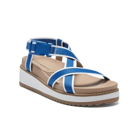 Image of LUCKY BRAND Womens Blue Sporty Crisscross Ankle Strap 1 Platform Adjustable Strap Cushioned Imbae Round Toe Wedge Buckle Slingback Sandal 9 M