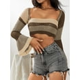 thumbnail image 2 of Women Hollow Jumper Square Neck Crochet Knit Sweater Pullover Y2k Crop Tops Long Flared Sleeve Blouse Color Block Streetwear, 2 of 6