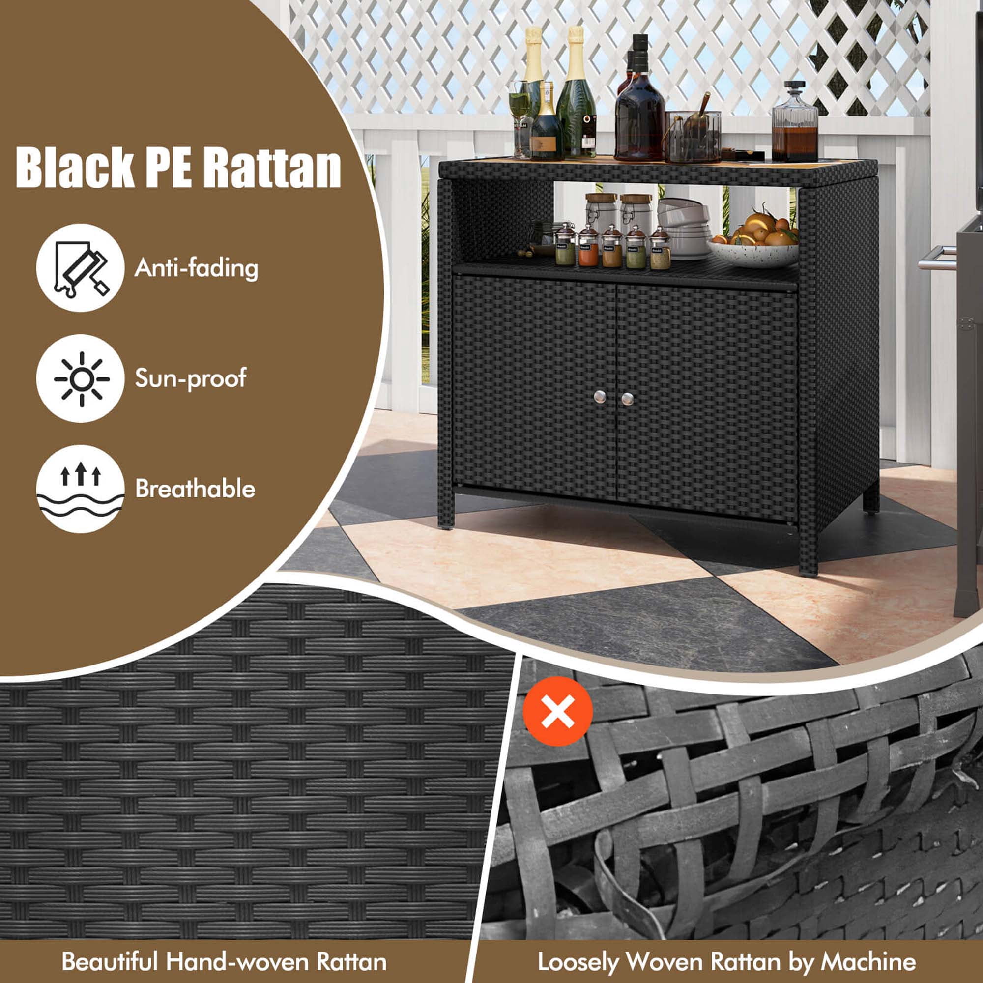 Costway Patio Rattan Storage Cabinet with Acacia Wood Countertop Open Shelf 2 Door Cabinet Black