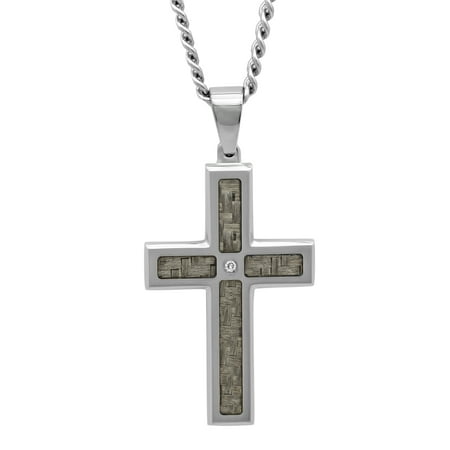 Men's Stainless Steel Gray Carbon Fiber Diamond Accent Cross with 24 Curb Chain - Mens Pendant