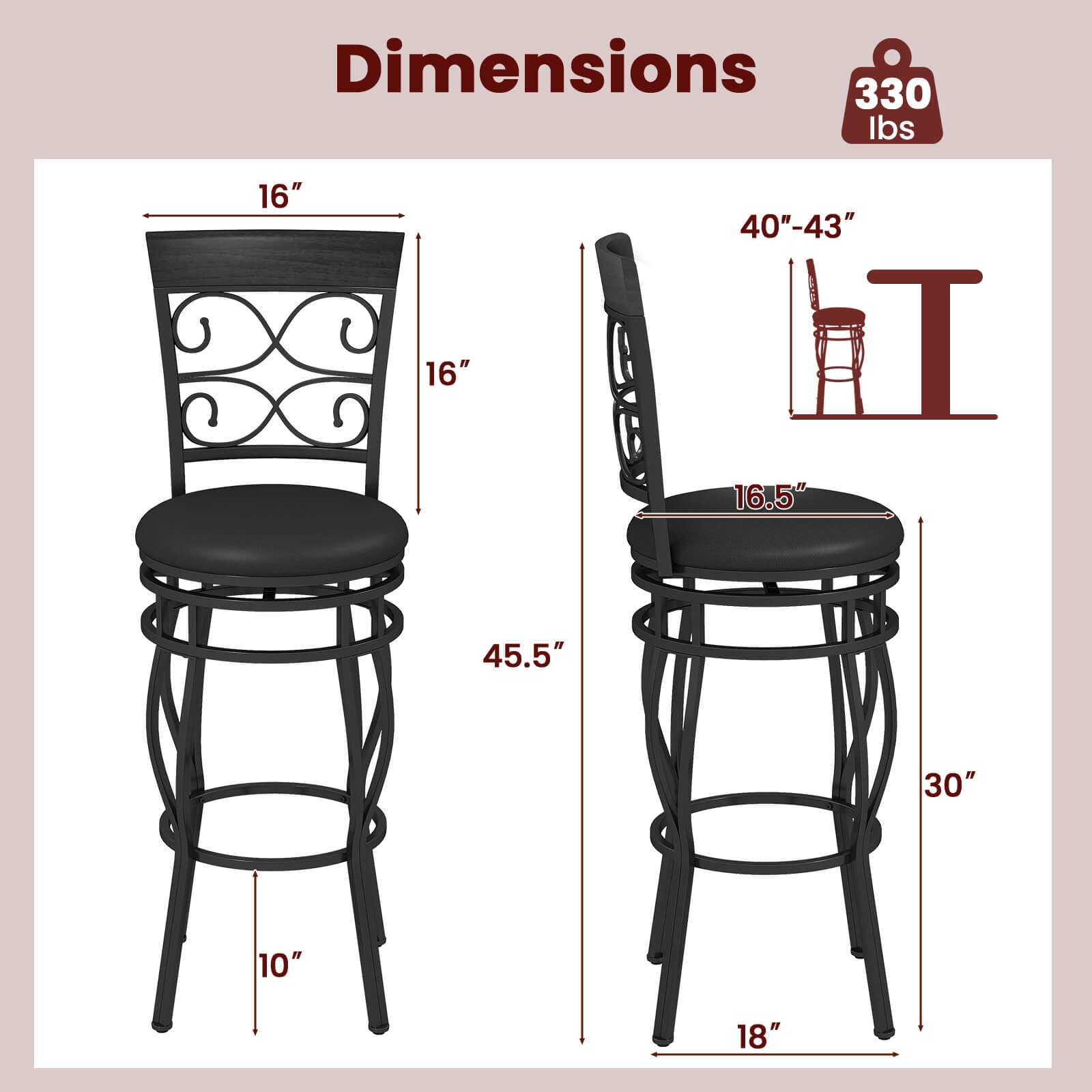 Costway Round Swivel Back Seat Bar Stool, Black (Set of 4)