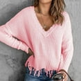 thumbnail image 2 of UJNDER Loose Casual V Neck Pullover Sweater for Women Hem Fringe Solid Color Knit Fall Pink S, 2 of 6