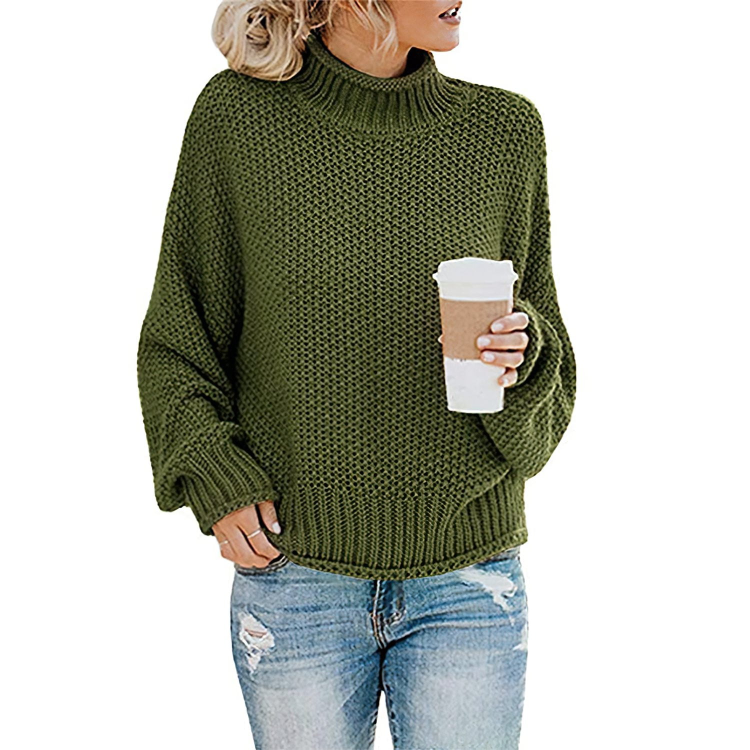 Womens Turtleneck Oversized Sweaters Batwing Long Sleeve Pullover Loose  Chunky Knit Jumper Green Size XL - Walmart.com