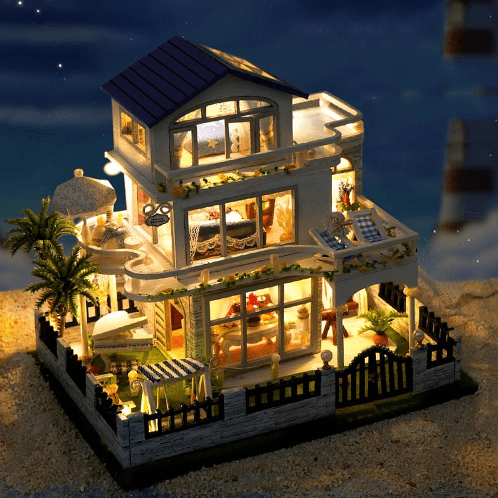 DIY Miniature House Kit, BUSATIA Mini House Kit for Beginners, Creative Doll House, Mayberry Street Miniatures, Model Building Craft Diorama Kit, Ideal Gifts for Birthday, Christmas(Blue Mansion)