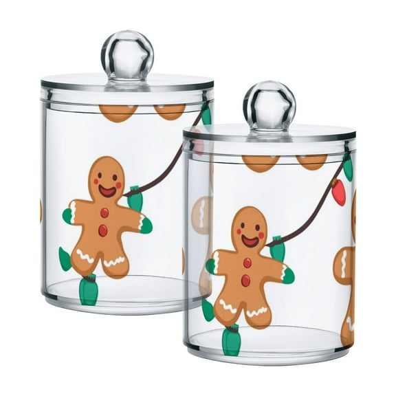 Gingerbread Man Element Cotton Swabs Cans Translucent Plastic Canisters Dustproof Lid for Bathroom Storage