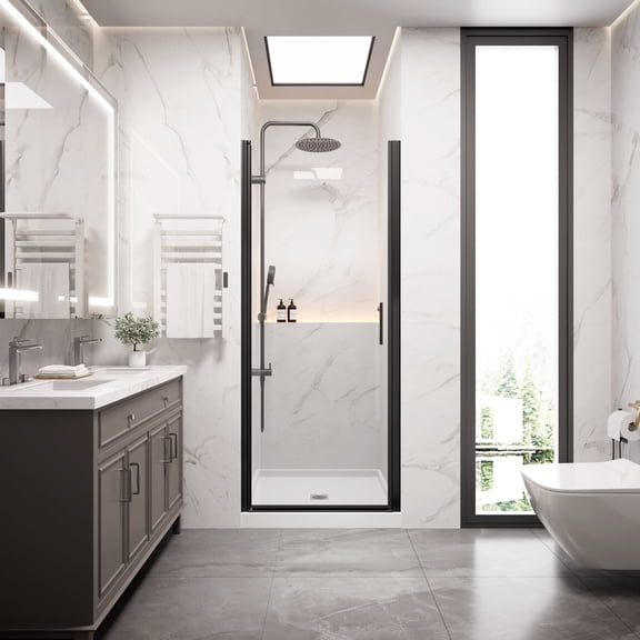 24" W x 72" H Frameless Pivot Shower Door, with 1/4" Clear Tempered Glass, Matte Black Finish, ACE DECOR
