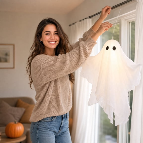 Hanging Light Up Ghost Decoration, Halloween Indoor Outdoor Party Decor, Glowing Ghost Ornament for Home Tree Window Corridor