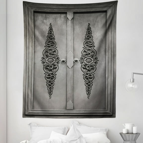 Grey Tapestry, Antique Door with Vertical Ornamental Floral Pattern Travel Treasure Monochromic, Fabric Wall Hanging Decor for Bedroom Living Room Dorm, 5 Sizes, Grey Black, by Ambesonne