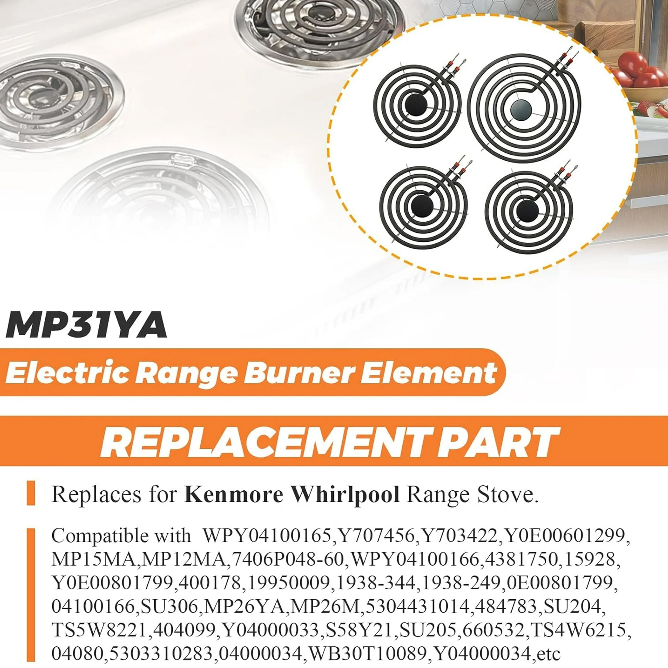 MP31YA Electric Range Burner Element Unit Set, Burner Element Replacement for Kenmore Whirlpool Range Stove (3Pcs MP15YA 6" & 1Pcs MP21YA 8")