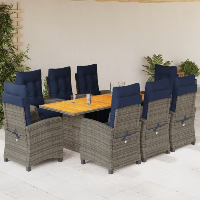 vidaXL 9 Piece Garden Dining Set with Cushions Grey Poly Rattan