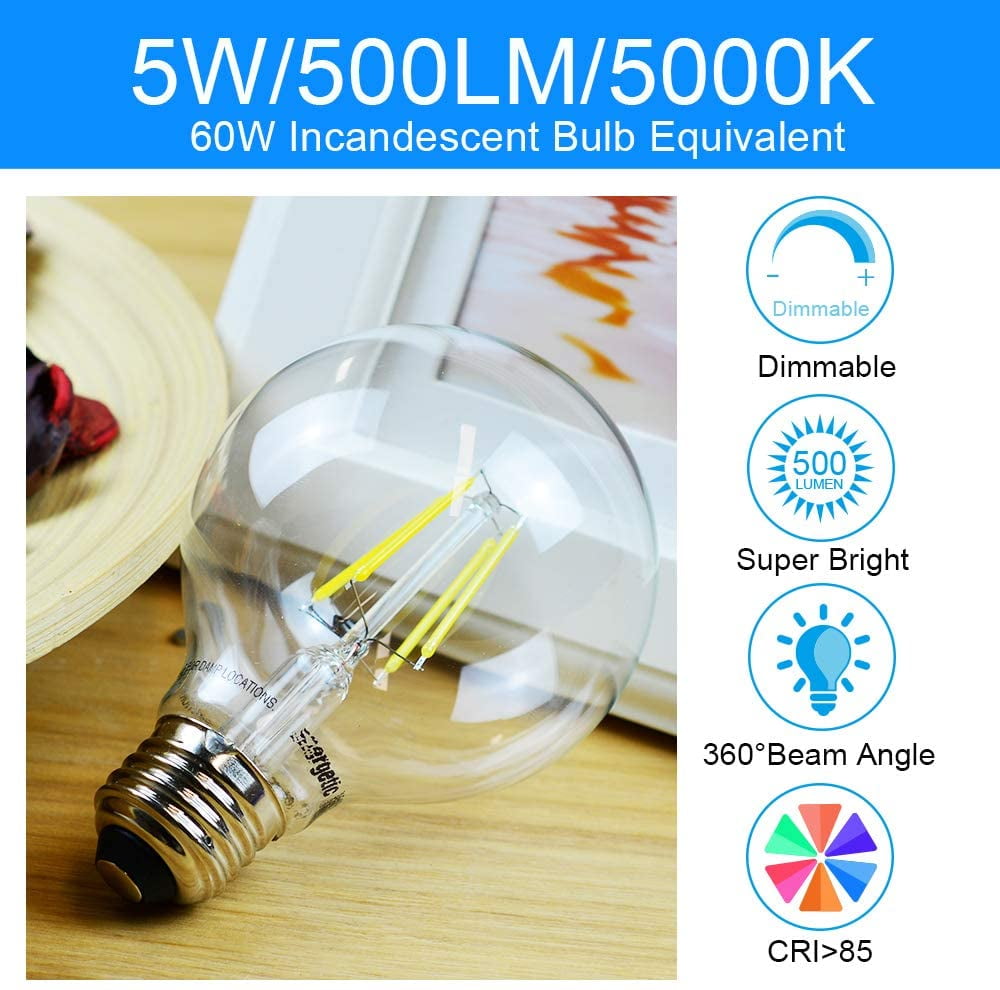 ENERGETIC Dimmable LED Globe Light Bulb, 5000K Daylight, 60 Watts Equivalent, Vanity Round Decorative Bulb, E26 Base,Perfect For Vanity Makeup Mirror,droplight,Floor lamp, UL Listed, 6 Pack