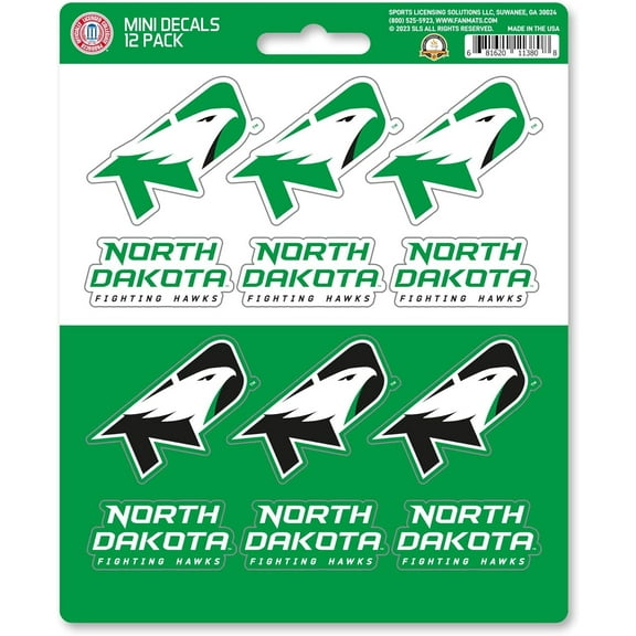University of North Dakota Fighting Hawks 12-Piece Mini Decal Sticker Set, 5x6 Inch Sheet, Gift for football fans for any hard surfaces around home, automotive, personal items