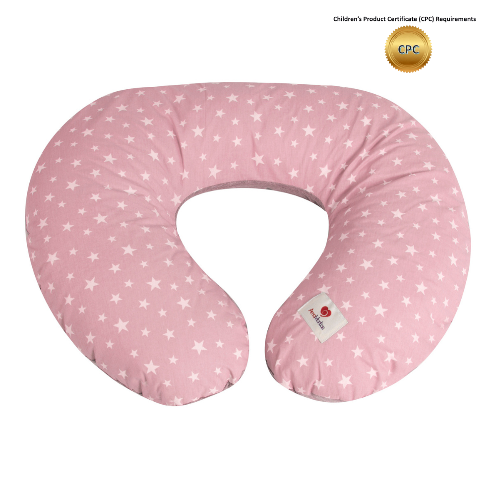 Ergonomic 100% Cotton Nursing Pillow for Breastfeeding, Support, Tumy Time. Original Standard Size, Removable Cover. Pink, Amamantas