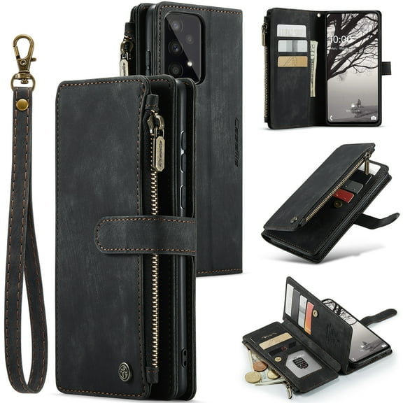 Samsung Galaxy A53 Case Wallet  Women and Men, Galaxy A53 Case, PU Leather Magnetic Flip Strap Wristlet Zipper Card Holder Wallet Business Phone Cover  Samsung A53 5G (6.5"), Black
