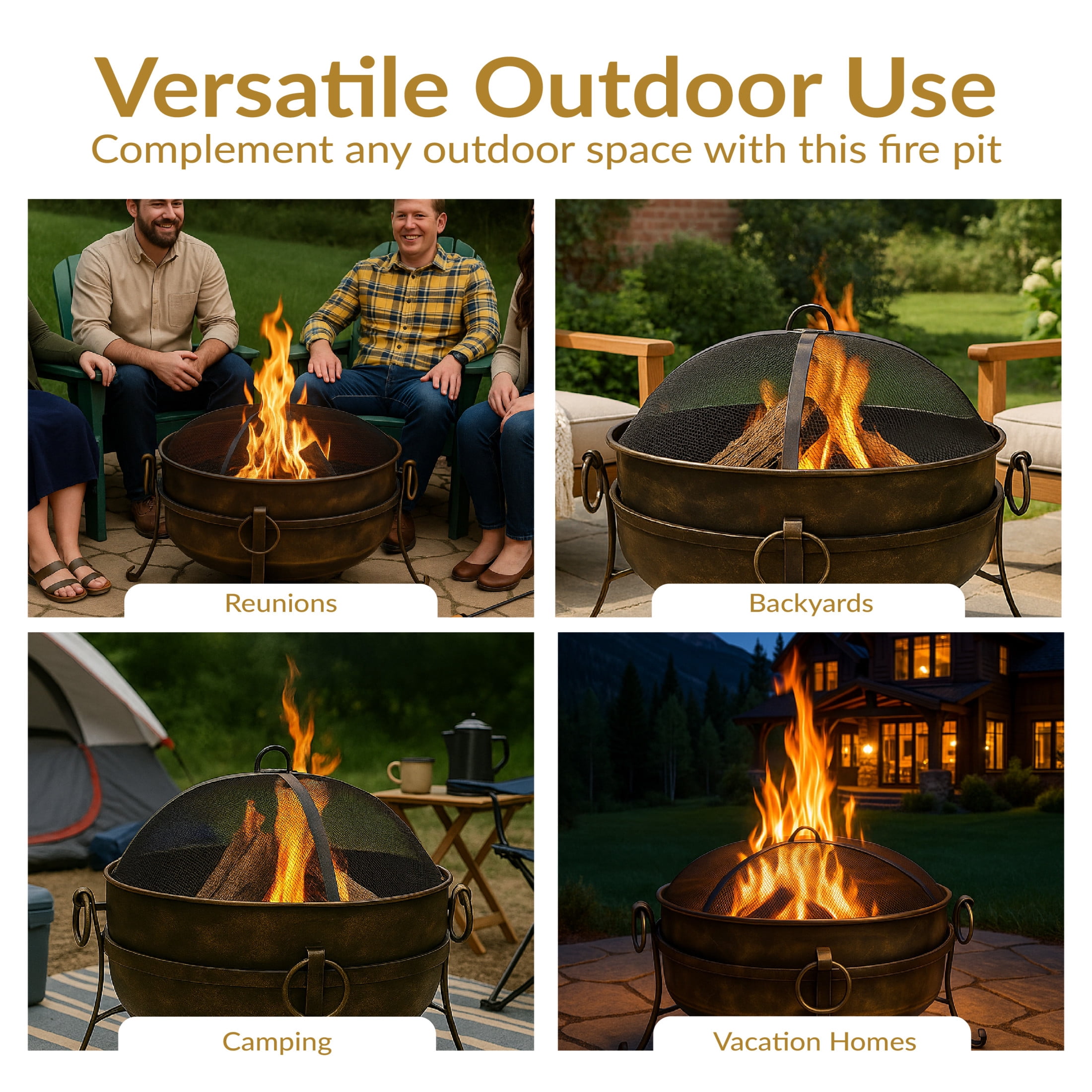Sunnydaze 24" Round Wood-Burning Dark Bronze Finish Steel Cauldron Outdoor Fire Pit Bowl