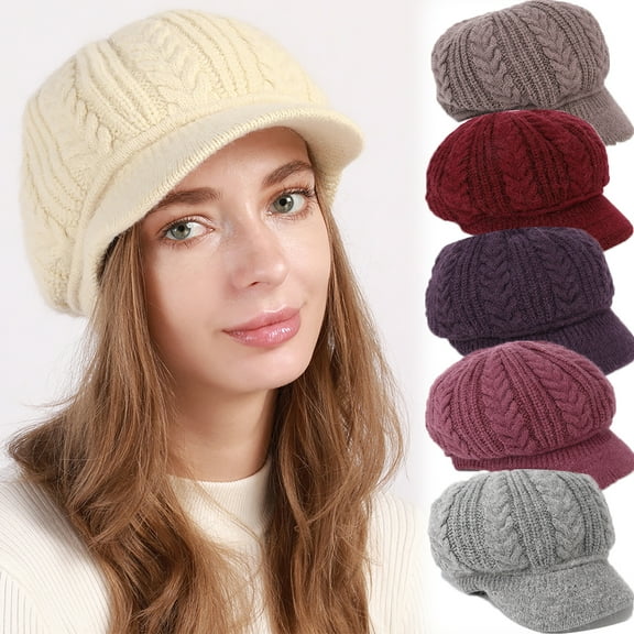 Winter Beanie Knit Hat for Women Fleece Lined Knitted Snow Ski Caps with Visor Soft Warm Slouchy Beanie with Brim for Women Ladies