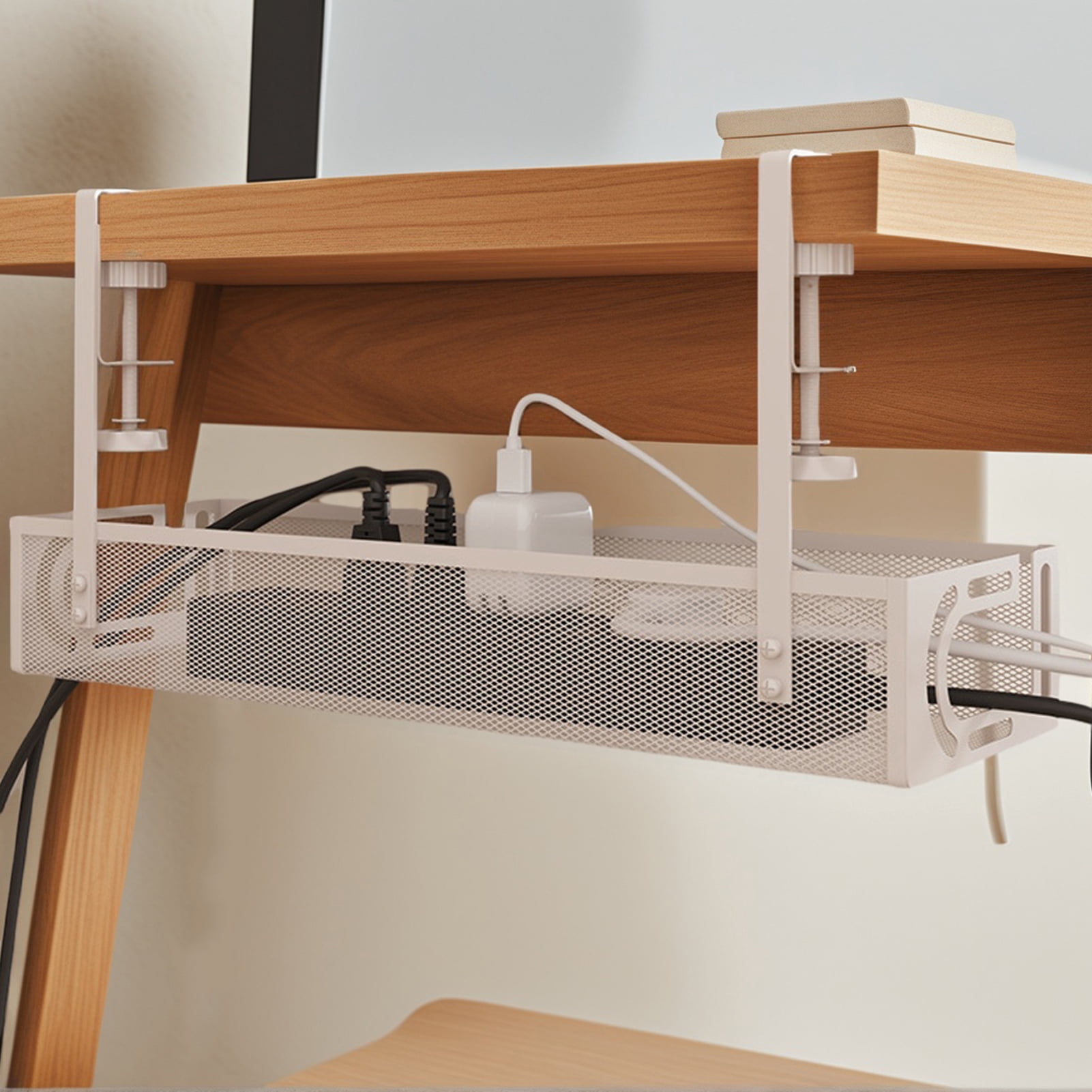 HonorHut Under Desk Cable Management Tray Heavy-Duty Desk Side Storage Basket 2 Hole Power Strip Holder Wire Organizer for Office Home White