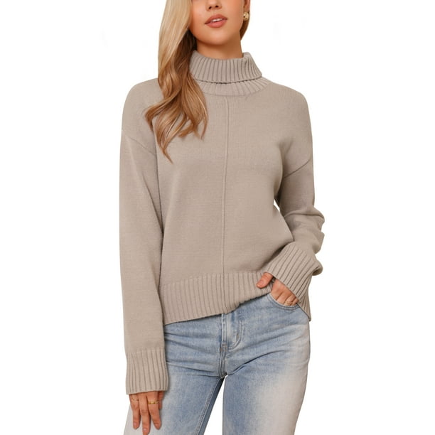 Suéter de cuello alto INSPIRE CHIC para mujer, de manga larga, casual, de punto, XL, color caqui, otoño e invierno