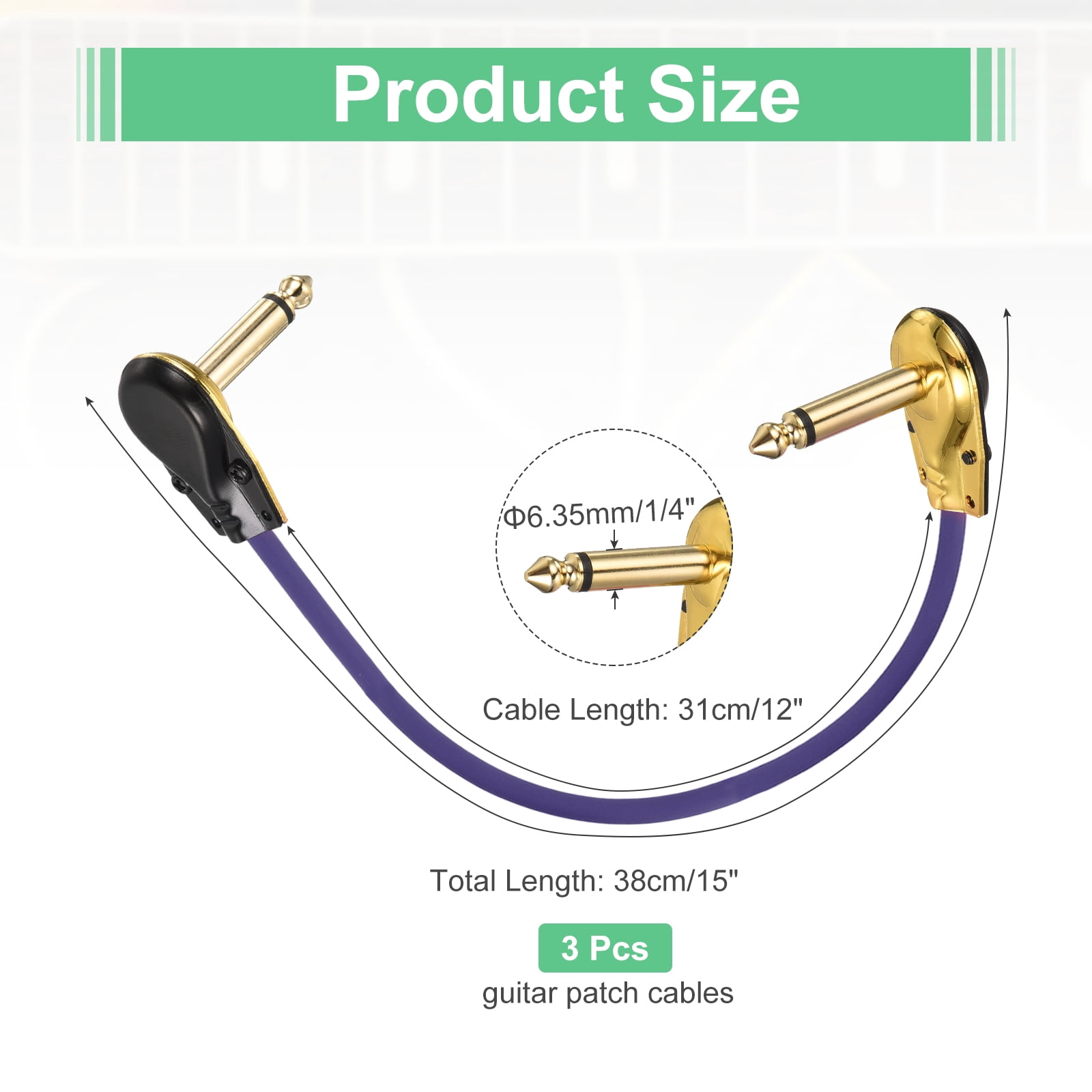 Uxcell 3 Pcs Guitar Patch Cables 15 Inch Pedal Board Cord 1/4 Inch Metal Flat Head TS Right Angle Guitar Patch Effect Cable Cord for Instrument Effect Pedal Mixing Console, Purple