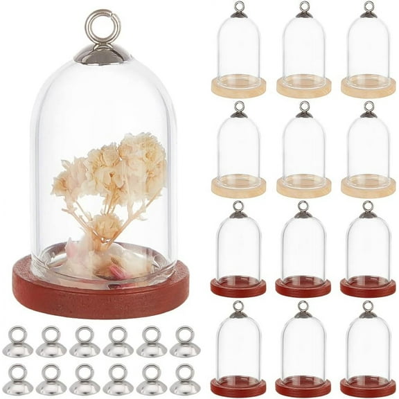 12 Sets Glass Dome Cloche with Bead Cap Pendant Bail Clear Glass Dome Display Case with Wood Base Glass Vial Charms for Collectibles DIY Kits 1.32"x0.98" Colorful