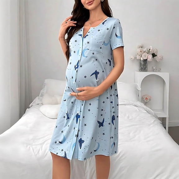 Maqroz Women's Maternity Sleepwear Nursing Nightgowns Short Sleeve Sleep Dress Breastfeeding Loungewear Button Down Nightshirts with A Pocket