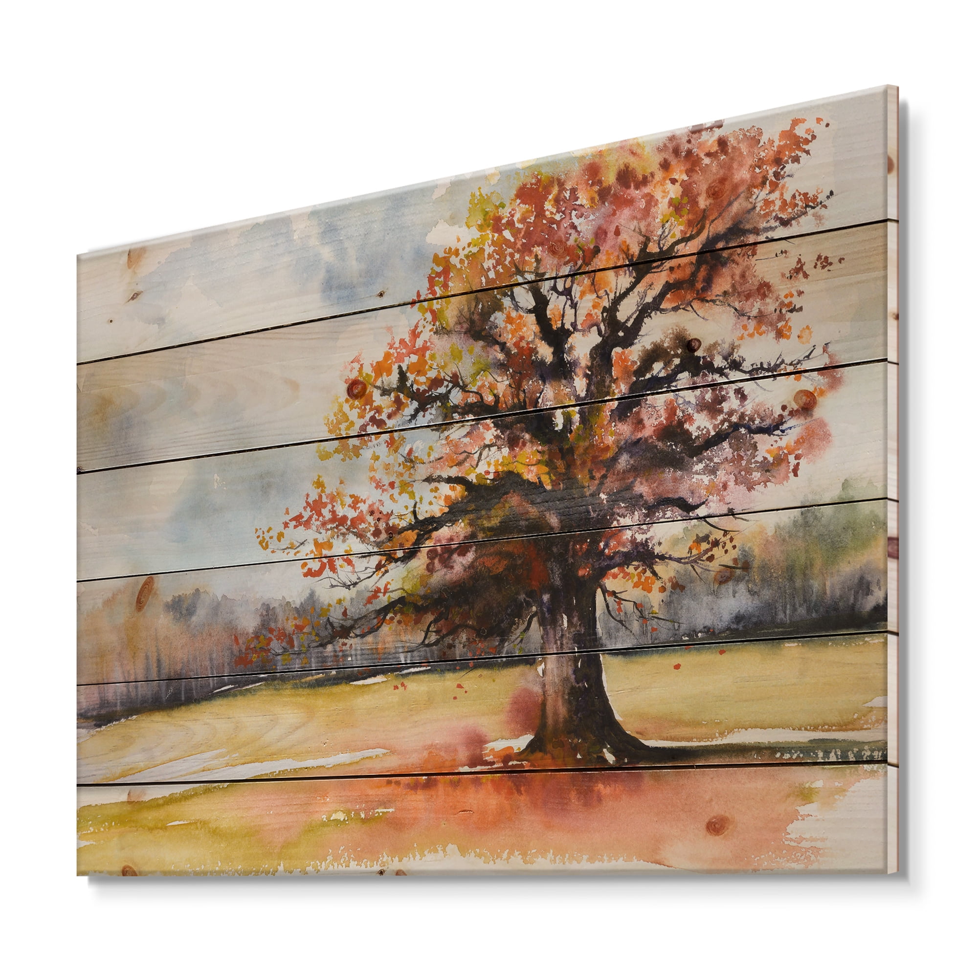 Designart 'Lone Oak Tree In The Fields With Autum Leaves' Traditional Print on Natural Pine Wood