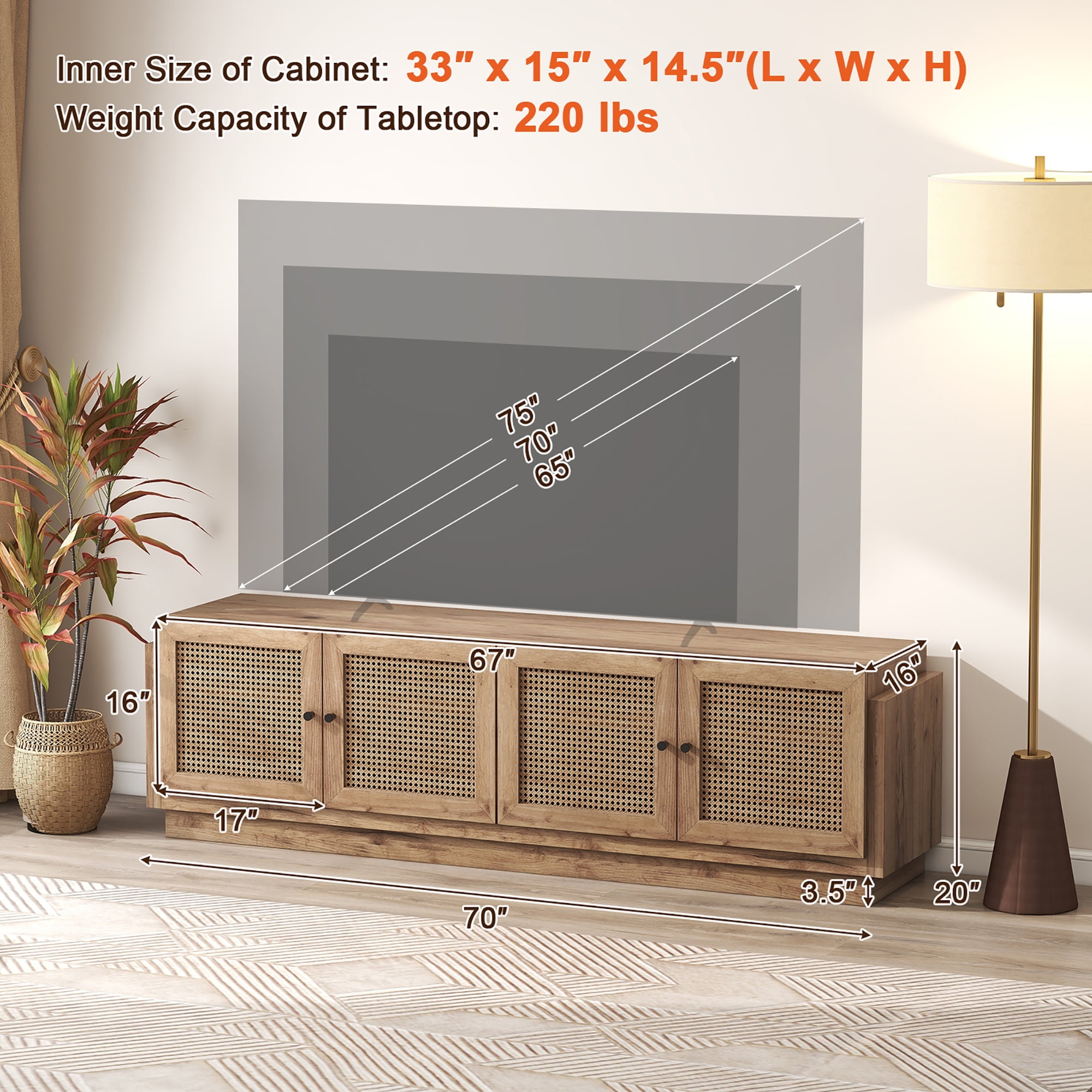 Gymax 4-Door PE Rattan Media Console Table Farmhouse TV Stand for TVs up to 75'' Oak