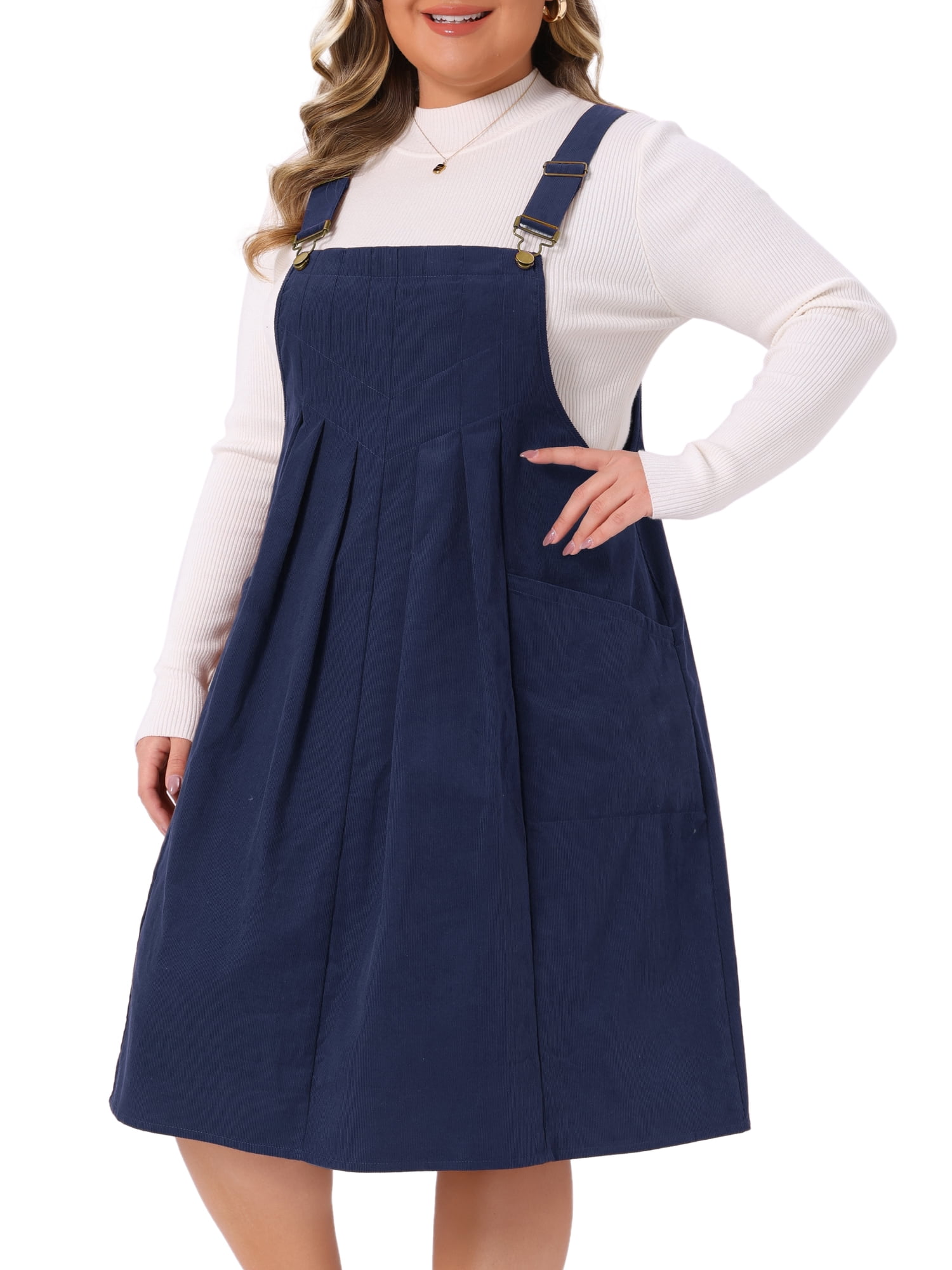 DARING DIVA Women's Plus Corduroy Pinafore Dress Pleated Skirt 3X Dark Blue