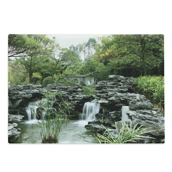 Japanese Cutting Board, Yard Little Lake Between Trees Stones in Autumn Season Natural Wilderness, Decorative Tempered Glass Cutting and Serving Board, Large Size, Green White, by Ambesonne